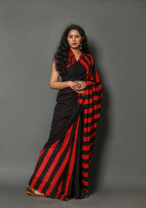 Red Black Solid or Strips mombatic  Print Cotton Saree with Blouse Piece