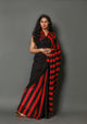 Red Black Solid or Strips mombatic  Print Cotton Saree with Blouse Piece