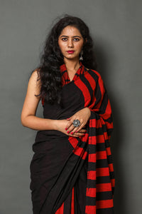 Red Black Solid or Strips mombatic  Print Cotton Saree with Blouse Piece