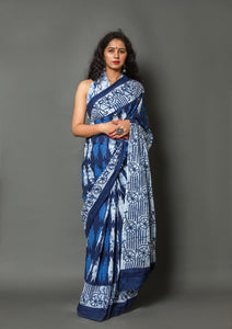 Blue Bycyle Block Print Cotton Saree with Blouse Piece