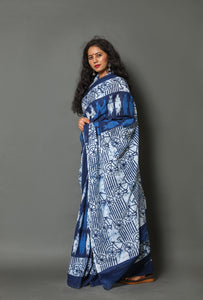 Blue Bycyle Block Print Cotton Saree with Blouse Piece