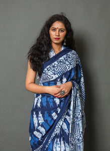Blue Bycyle Block Print Cotton Saree with Blouse Piece