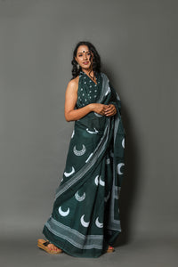Bottle Green Moon Block Print Cotton Saree with Blouse Piece