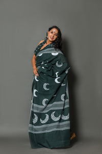 Bottle Green Moon Block Print Cotton Saree with Blouse Piece