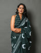 Bottle Green Moon Block Print Cotton Saree with Blouse Piece