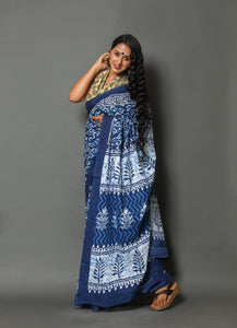 Blue & White Strips Printed  Cotton Saree with Blouse Piece