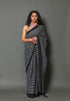 Black Polka Dot & Lining Print Cotton Sari with Blouse Piece