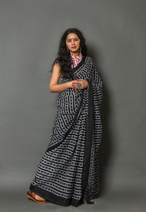 Black Polka Dot & Lining Print Cotton Sari with Blouse Piece