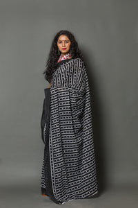 Black Polka Dot & Lining Print Cotton Sari with Blouse Piece