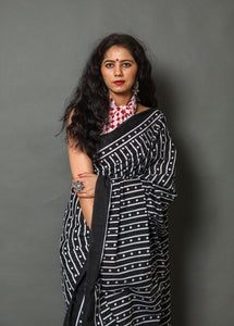 Black Polka Dot & Lining Print Cotton Sari with Blouse Piece