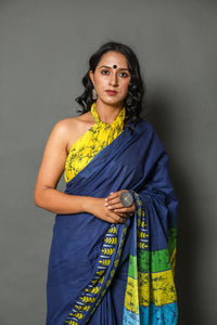 Blue Batik Print Cotton Saree with Unstitched Blouse