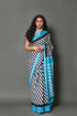 Black & Turquoise Lining Printed Cotton Saree with Blouse Piece