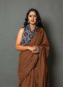 Maroon & Brown Checks Printed Cotton Saree with Blouse Piece
