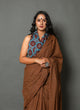 Maroon & Brown Checks Printed Cotton Saree with Blouse Piece