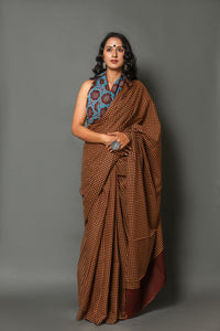 Maroon & Brown Checks Printed Cotton Saree with Blouse Piece