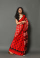 Red Elephant Block Butte Print Cotton Saree with Blouse Piece