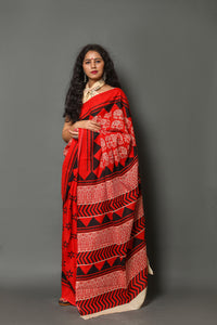 Red Elephant Block Butte Print Cotton Saree with Blouse Piece
