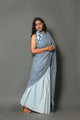 Blue Strips & Wave Printed Cotton Saree with Blouse Piece