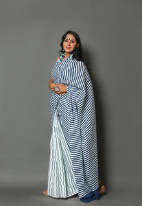Blue Strips & Wave Printed Cotton Saree with Blouse Piece