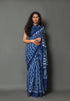 Blue Wave Block Print Cotton Saree with Blouse Piece