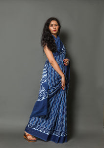 Blue Wave Block Print Cotton Saree with Blouse Piece