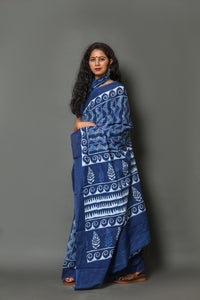 Blue Wave Block Print Cotton Saree with Blouse Piece