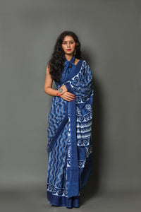 Blue Wave Block Print Cotton Saree with Blouse Piece