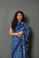 Blue Wave Block Print Cotton Saree with Blouse Piece