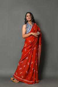Ivory Red Dragon Fly Cotton Saree with Blouse Piece