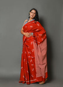 Ivory Red Dragon Fly Cotton Saree with Blouse Piece