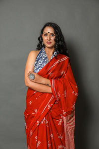 Ivory Red Dragon Fly Cotton Saree with Blouse Piece