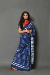 Blue Block Butta Print Cotton Saree with Blouse Piece