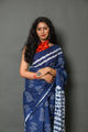 Blue Block Butta Print Cotton Saree with Blouse Piece
