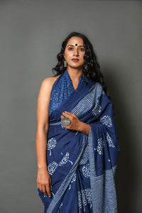 Blue Tree Block Butta Print Cotton Saree with Blouse Piece