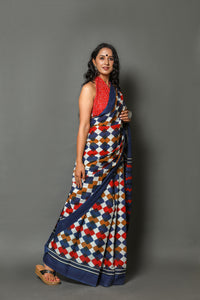 Blue & Red Geometric Jaal Print Cotton Saree with Blouse Piece