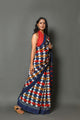 Blue & Red Geometric Jaal Print Cotton Saree with Blouse Piece