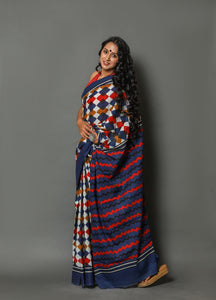 Blue & Red Geometric Jaal Print Cotton Saree with Blouse Piece