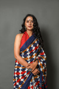 Blue & Red Geometric Jaal Print Cotton Saree with Blouse Piece