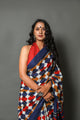 Blue & Red Geometric Jaal Print Cotton Saree with Blouse Piece