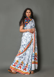 White & Red Batik Print Cotton Saree with Blouse Piece