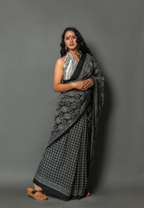 Black Butta & Butti Block Print Cotton Saree with Blouse Piece