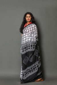 White Geometric Jaal Print Cotton Saree with Blouse Piece