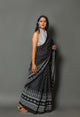Black Polka Dot & Border Print Cotton Saree with Blouse Piece
