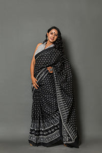 Black Polka Dot & Border Print Cotton Saree with Blouse Piece