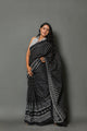 Black Polka Dot & Border Print Cotton Saree with Blouse Piece
