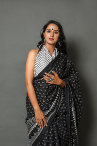Black Polka Dot & Border Print Cotton Saree with Blouse Piece