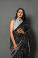 Black Polka Dot & Border Print Cotton Saree with Blouse Piece