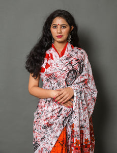Red Batik Print Cotton Saree with Blouse Piece