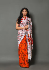 Red Batik Print Cotton Saree with Blouse Piece