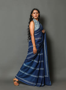 Blue Bel Block Print Cotton Saree with Blouse Piece